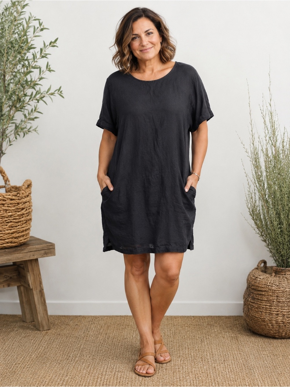 Eileen Fisher 100% Organic Linen Round Neck Shift Dress Pockets Black Large 37”